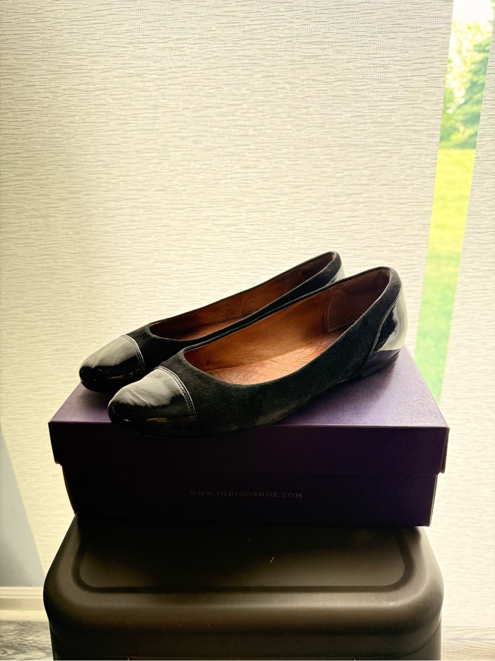 Indigo Black Suede Flats with Patent Cap Toe
